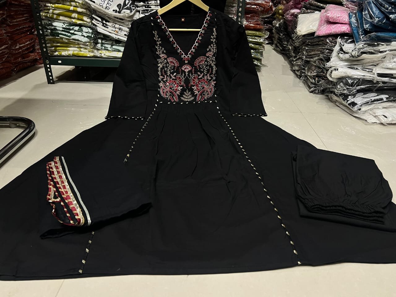 Black Natra Cut Embroidered Kurta Set